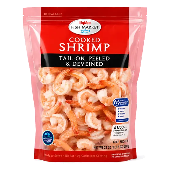 Hy-Vee Fish Market Cooked Shrimp, Tail-On, Peeled & Deveined 51/60Ct