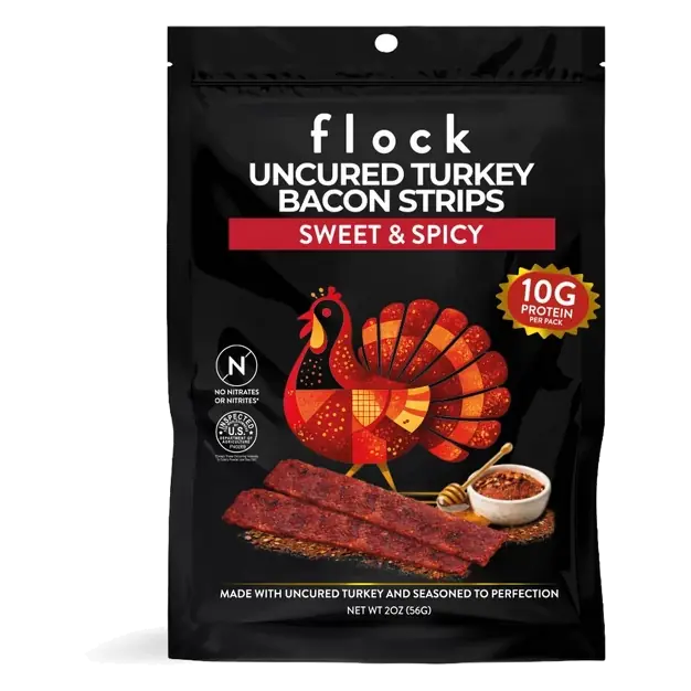 Flock Foods Uncured Sweet & Spicy Turkey Bacon Strips - 10g Protein - 2oz