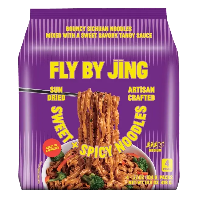 FLY BY JING Sweet + Spicy Sun Dried Vegan Sichuan Noodles, 14.8oz/4ct