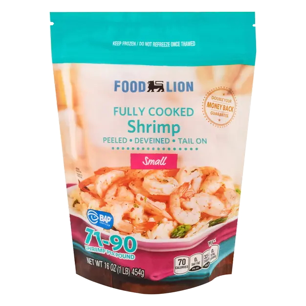 Farm Raised Cooked Tail-On Peeled Small Shrimp 71-90 ct Frozen