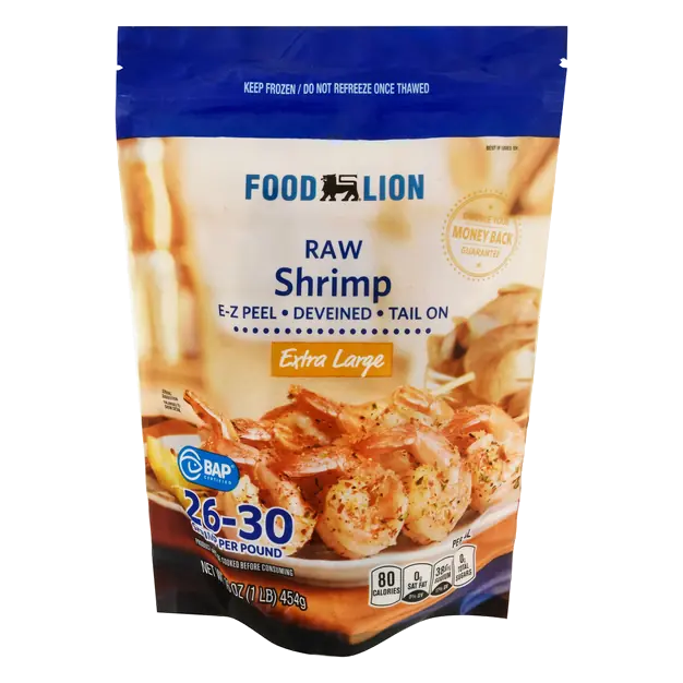 Raw Tail-On Extra Large EZ-Peel Shrimp 26-30 ct per lb Frozen