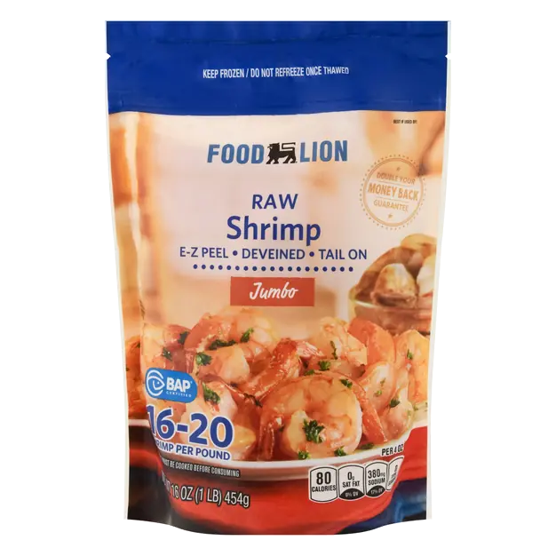 Raw Tail-On Jumbo EZ-Peel Shrimp 16-20 ct per lb Frozen