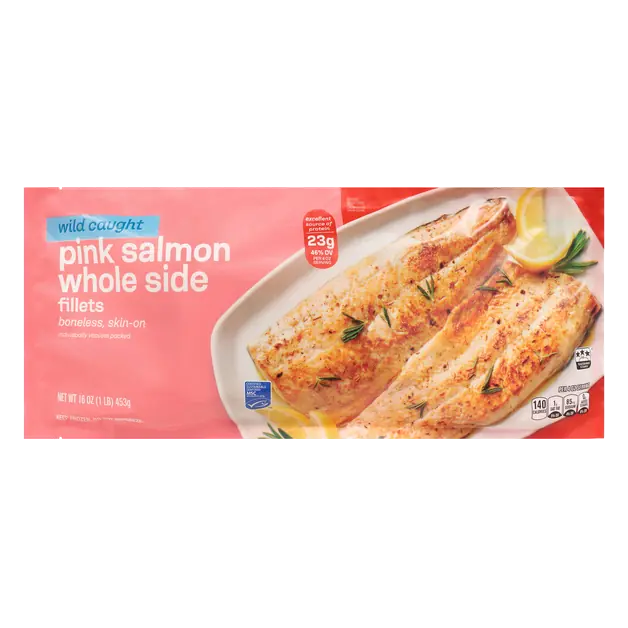 Wild Caught Whole Side Boneless Skin-On Pink Salmon Fillets