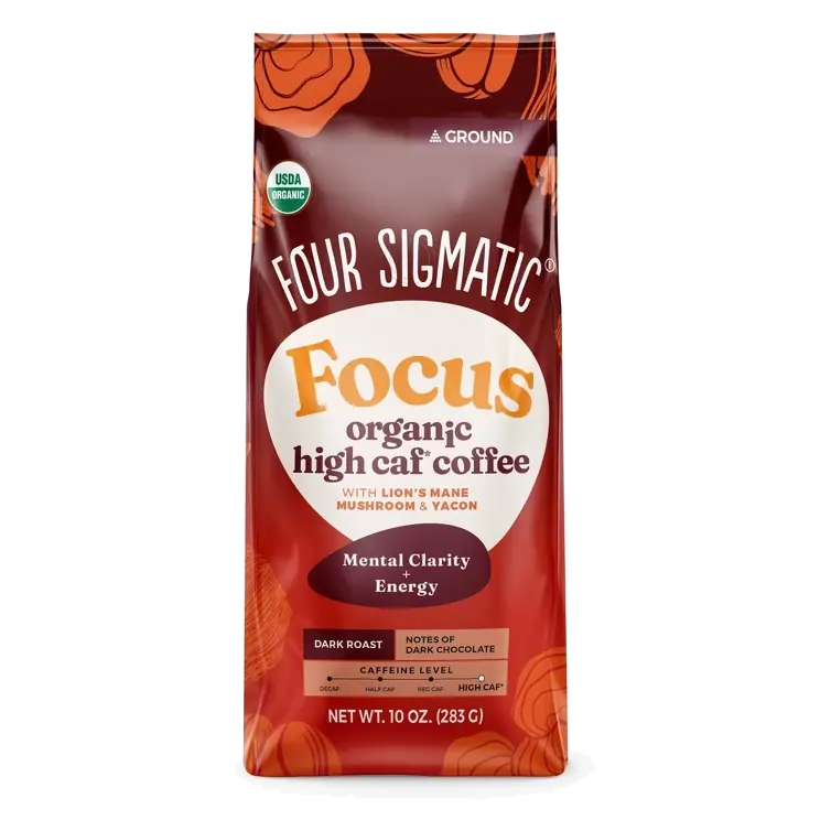 Four Sigmatic Organic High Caffeine Dark Roast Ground Coffee with Lion's Mane Mushroom and Yacon, 10oz