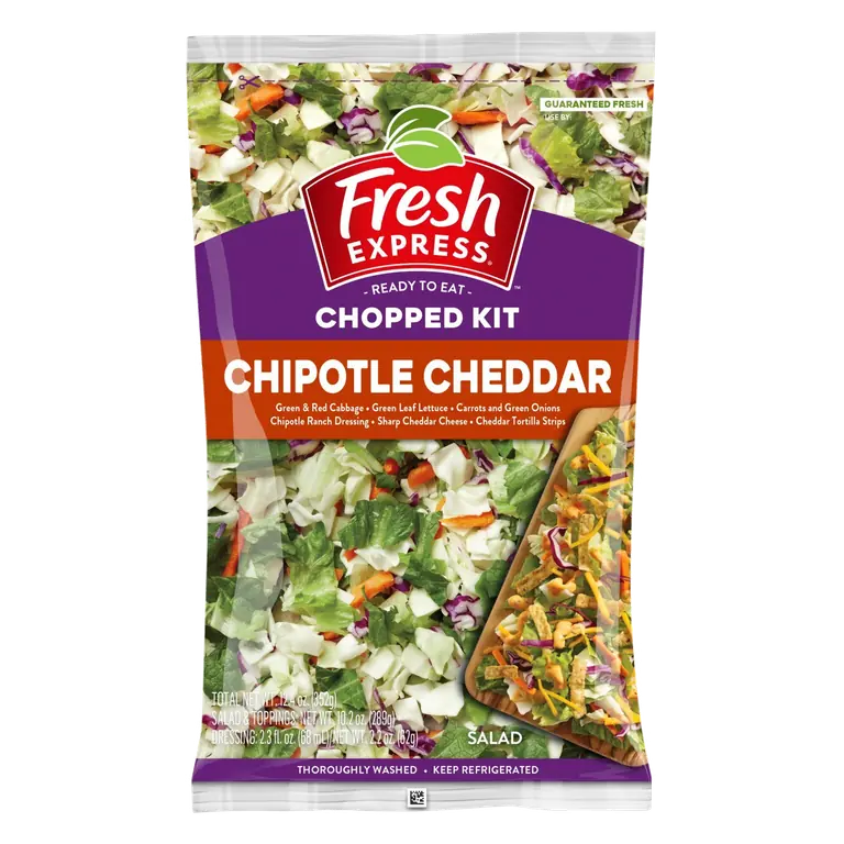 Chipotle Cheddar Romaine, Red & Green Cabbage, Carrots and Green Onions Chipotle Ranch Dressing Sharp Cheddar Cheese, Cheddar Tortilla Strips Salad Chopped Kit