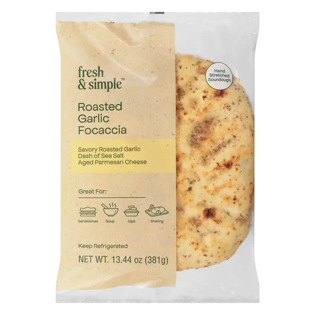 Roasted Garlic Focaccia Bread Unsliced Loaf Refrigerated