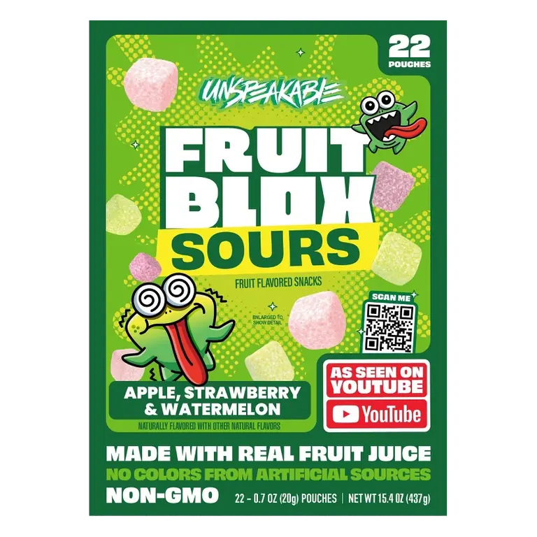 FruitBlox Unspeakable Sour Apple Strawberry and Watermelon Fruit Snacks Pouch, 15.4/22ct.