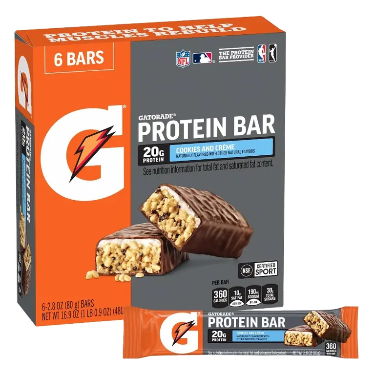 Gatorade Organic Protein Bar Cookies and Cream Protein Bar, 16.9oz/6ct: Muscle Growth, 20g Protein