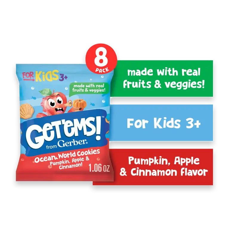 Get'ems from Gerber Pumpkin Apple & Cinnamon Ocean World Cookies Kids Snacks 8PK