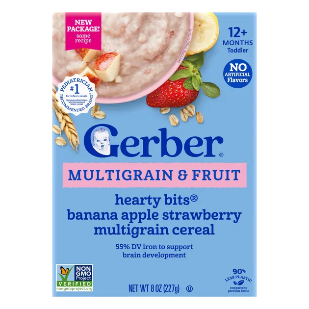 Gerber Hearty Bits Toddler Cereal, Banana Apple Strawberry Multigrain Cereal, Toddler Food