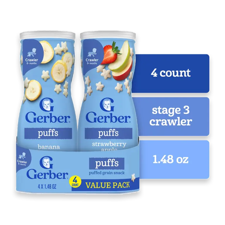 Snacks for Baby Grain & Grow Puffs Banana & Apple Strawberry Variety Pack Canister 4 Pack