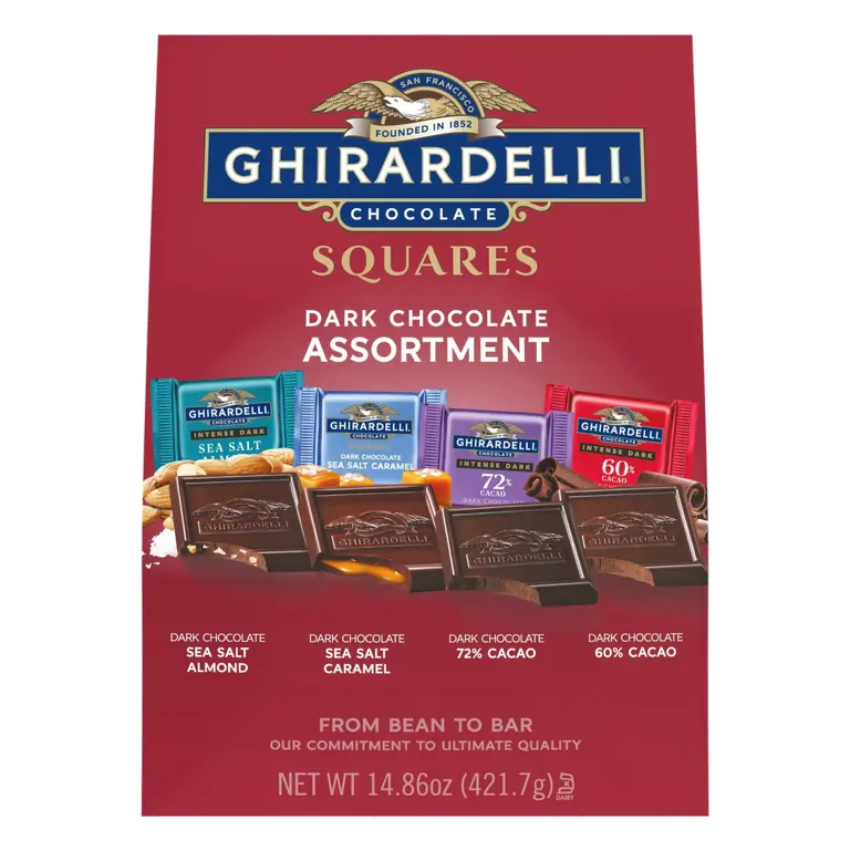 Dark Chocolate Assortment Squares, Dark Chocolate Sea Salt & Almonds, Dark Chocolate 60% Cacao, Dark Chocolate 72% Cacao, Dark Chocolate Sea Salt Caramel