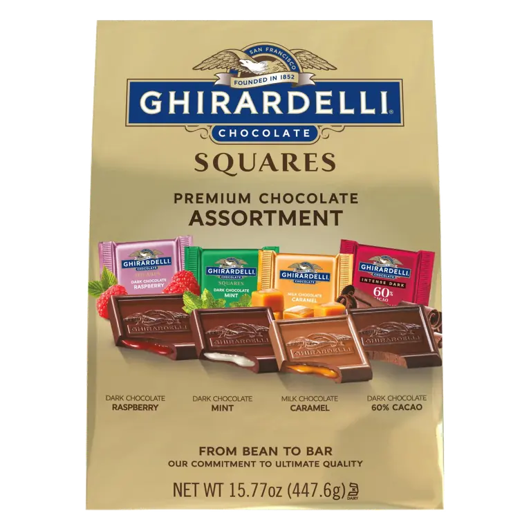 Premium Chocolate Assortment Squares, Dark Chocolate Raspberry, Dark Chocolate Mint, Milk Chocolate Caramel, Dark Chocolate 60% Cacao