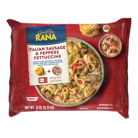 Italian Sausage & Peppers Fettuccine Mild Italian Sausage, Uncured Bacon and Red & Green Peppers Sauce with Fettuccine