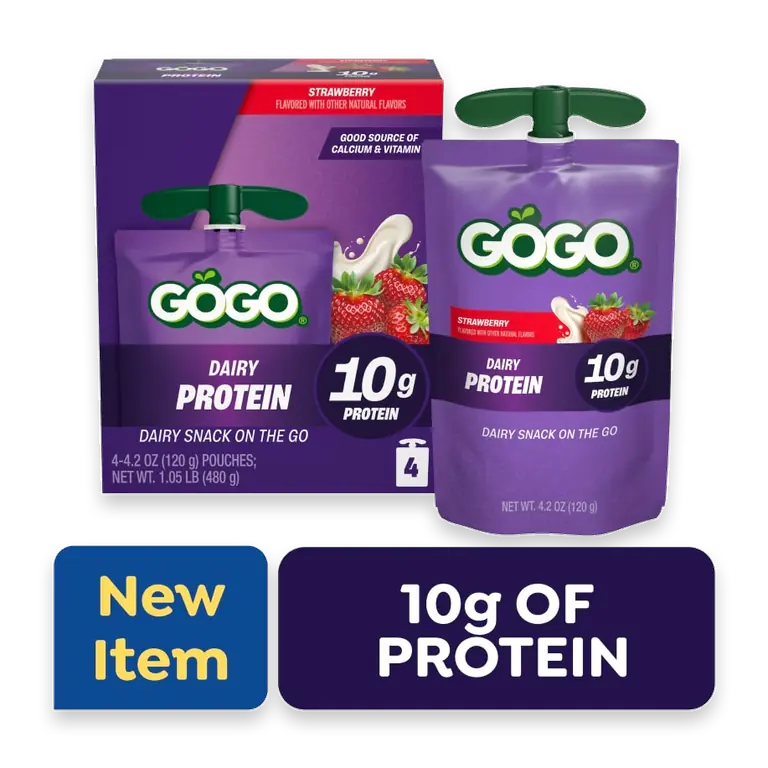 GOGO 10g Protein Strawberry Dairy Snack On The Go Pouches , 4.2 oz (4 Pack)