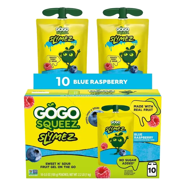 GoGo SqueeZ Fruit SlymeZ Blue Raspberry Fruit Pouches, 35oz/10ct: Dairy-Free, No Added Sugar