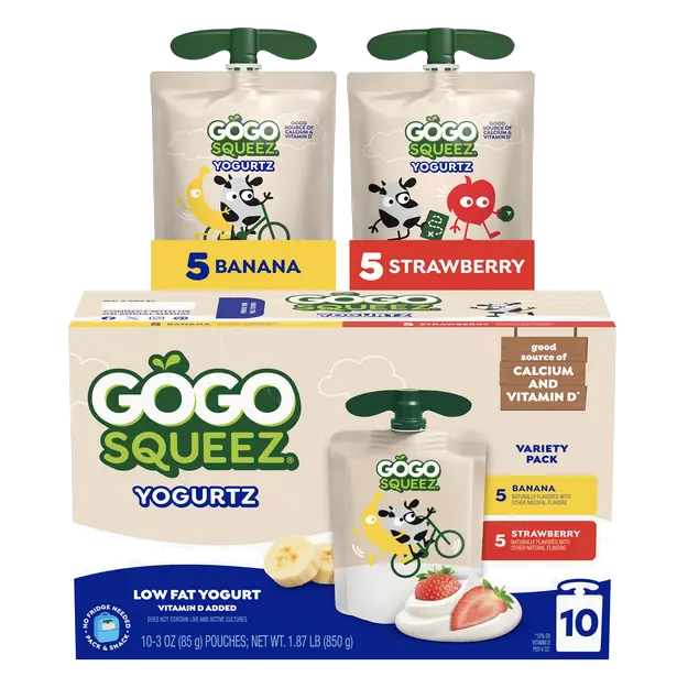GoGo squeeZ yogurtZ Low Fat Strawberry/Banana Variety Pack Snack Pouches, 3 oz 10 Pack)