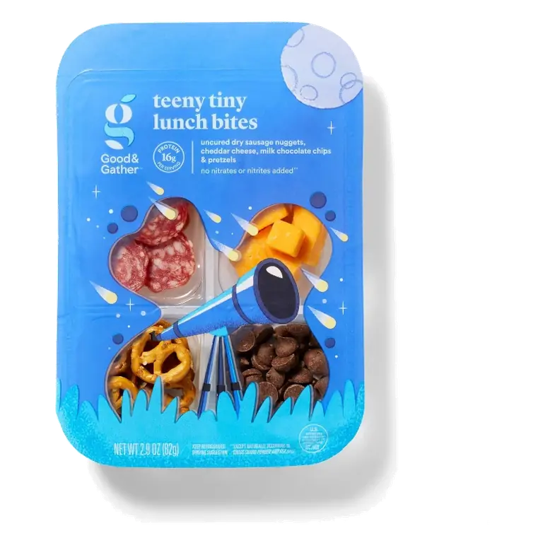 Teeny Tiny Lunch Bites Uncured Dry Sausage Nuggets, Cheddar Cheese, Milk Chocolate Chips & Pretzels 2.9oz - Good & Gather™"