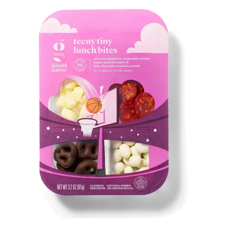 Teeny Tiny Lunch Bites Uncured Pepperoni, Mozzarella, Dark Chocolate Covered Pretzels & Yogurt Covered Raisins 3.2oz - Good & Gather™