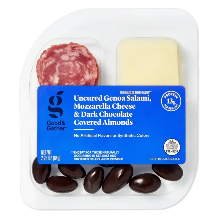 Uncured Genoa Salami, Mozzarella Cheese & Dark Chocolate Covered Almonds Snacker 2.25oz - Good & Gather™