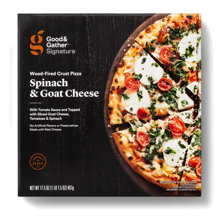 Spinach & Goat Cheese Wood-Fired Crust Pizza with Tomato Sauce and Topped with Sliced Goat Cheese