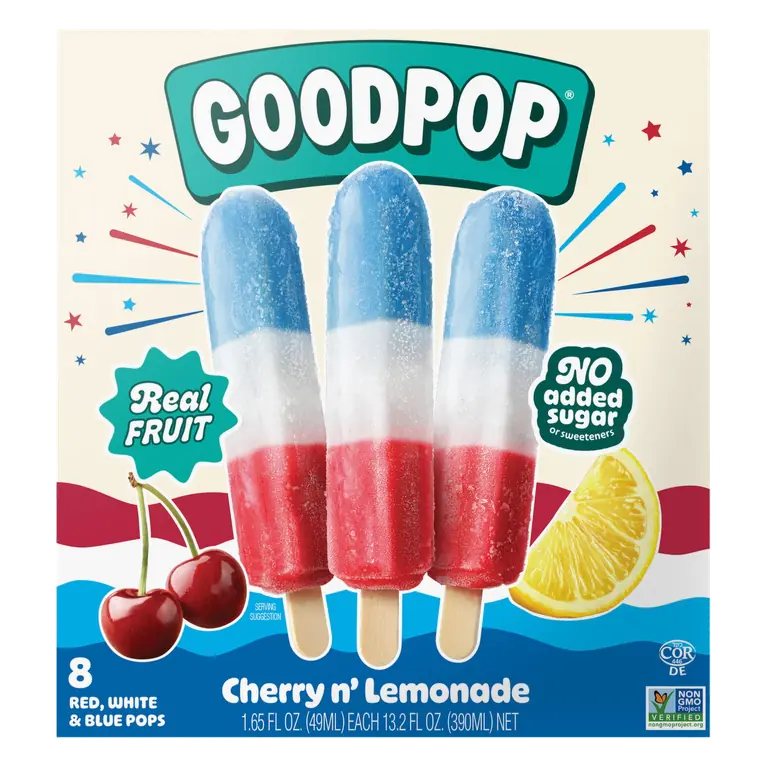 Cherry N' Lemonade Flavored Frozen Red, White & Blue Pops Juice Blends From Concentrate