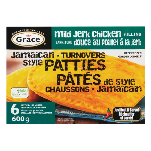 Frozen Turnovers Patties Mild Jerk Chicken Filling Jamaican Style 6 x 100 g
