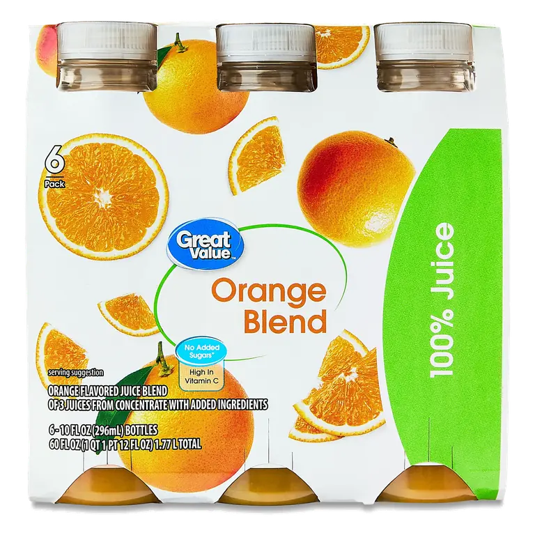Great Value 100% Juice Orange Blend, 10 fl oz Bottles, 6 Count, No Added Sugars, Vitamin C