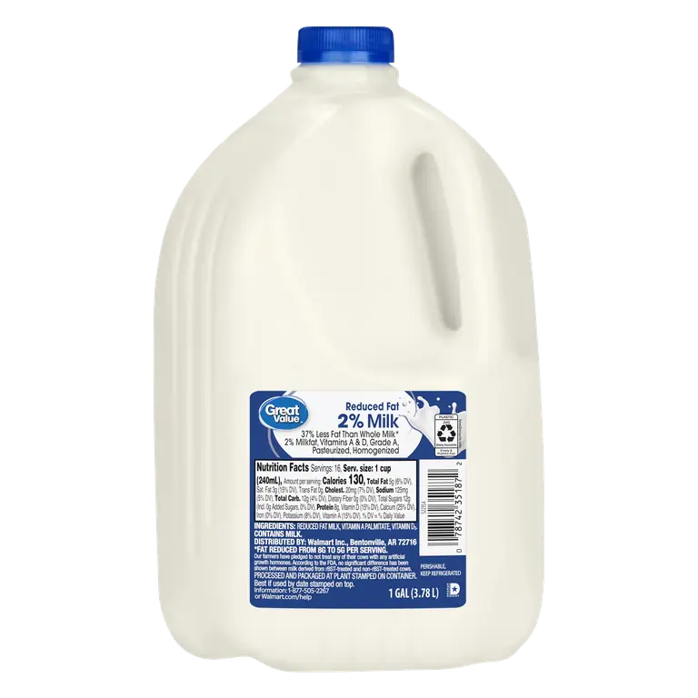 Great Value, 2% Reduced Milk, Gallon, Pasteurized, Homogenized