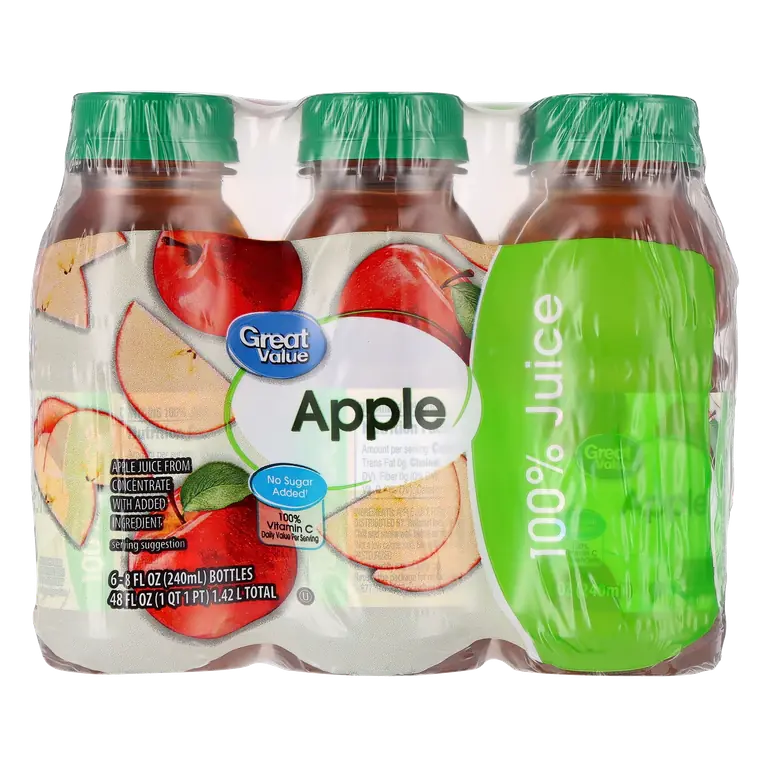 Great Value Apple Juice 8 fl oz 6 Count No Sugar Added 100% Juice Vitamin C