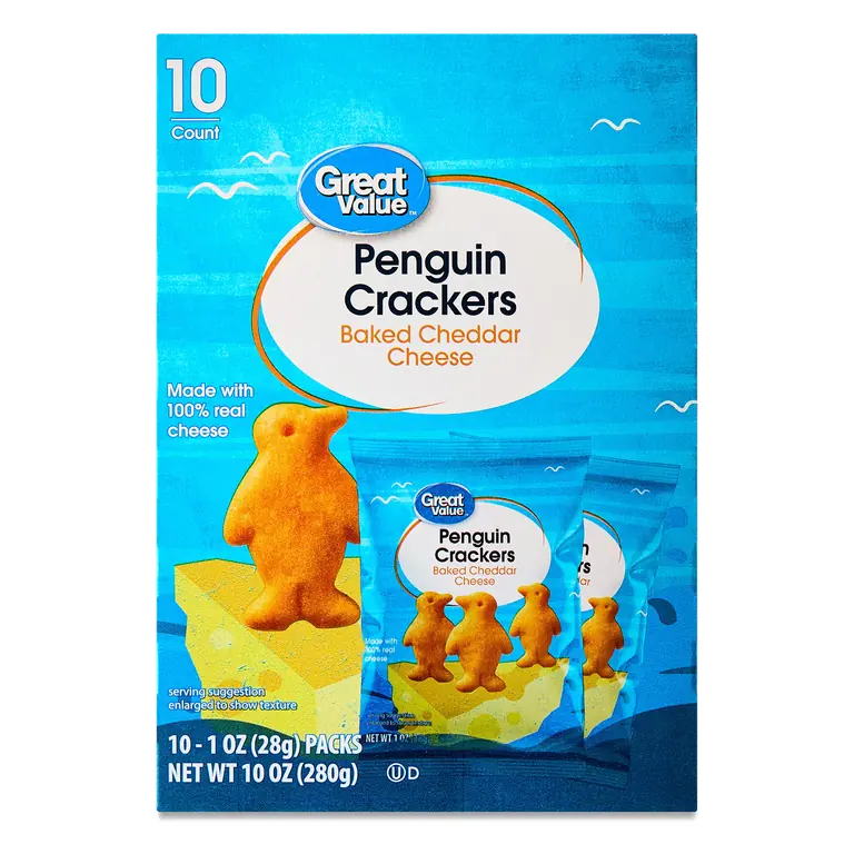 Great Value Baked Cheddar Cheese Penguin Crackers, 1 oz, 10 Count, Cheesy Penguin-Shaped Snacks
