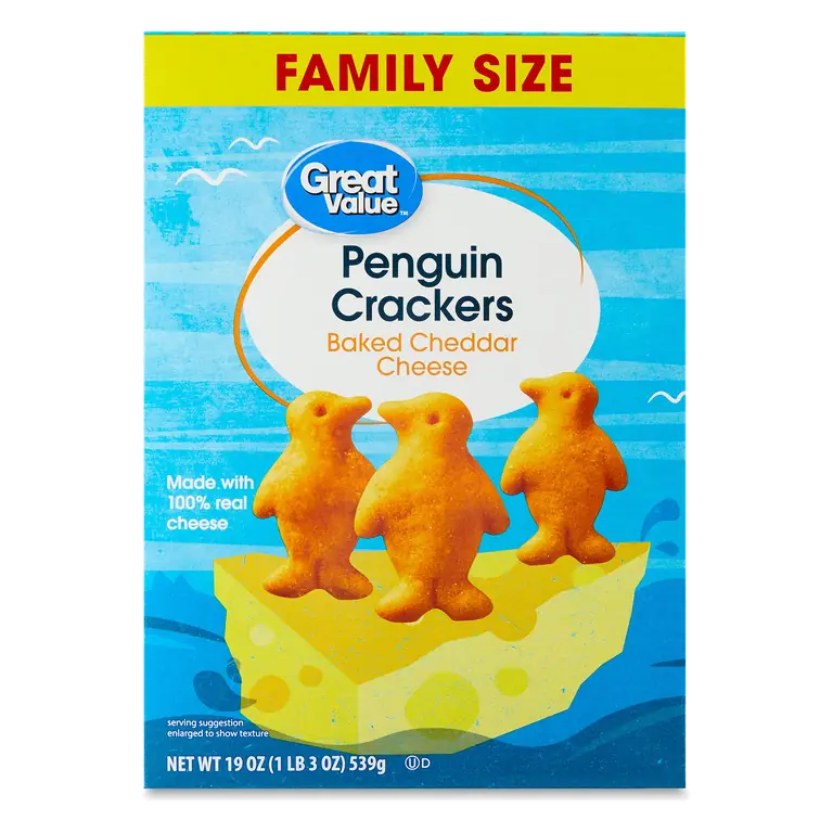 Great Value Baked Cheddar Penguin Crackers 19 oz Kosher Dairy Snack Bite-Size Cheesy Crackers