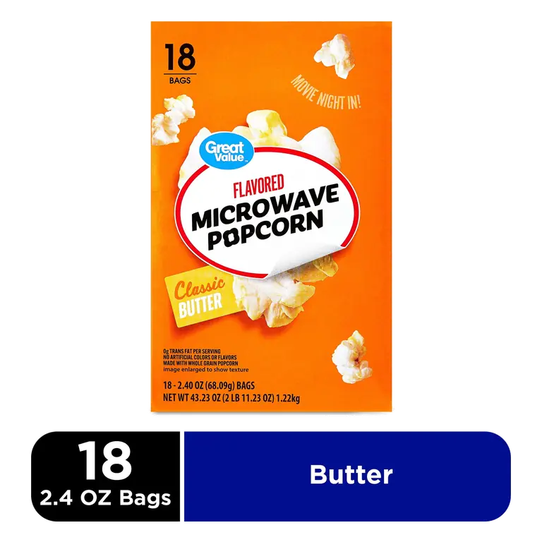 Great Value Butter Flavored Microwave Popcorn 18 Bags 2.4 oz Each, Whole Grain