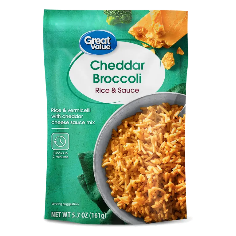 Great Value Cheddar Broccoli Rice & Sauce, 5.7 oz, Pantry Meal