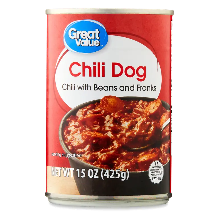Great Value Chili with Beans and Franks 15 oz Can with Red Beans, Pork and Beef Franks, 20g Protein