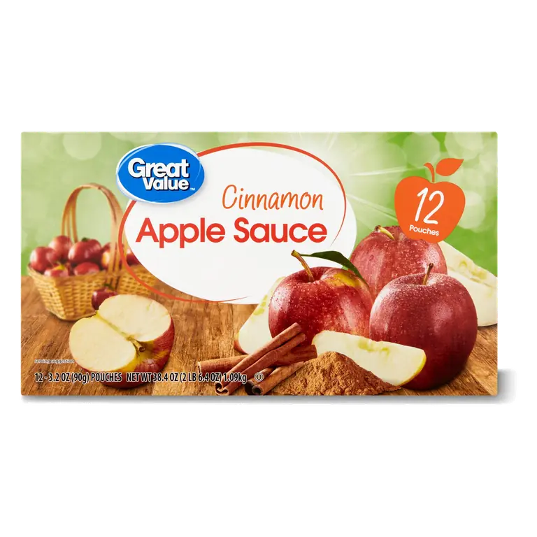 Great Value Cinnamon Applesauce, 3.2 oz Pouches, Sweet Apples & Aromatic Cinnamon, Gluten-Free Snack