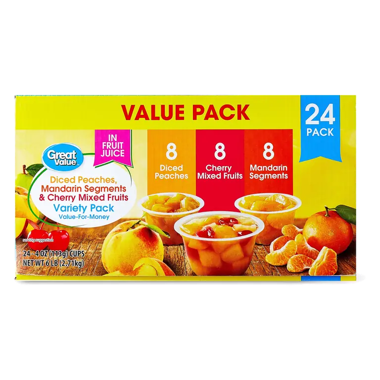 Great Value Diced Peaches, Mandarin Segments & Cherry Mixed Fruits Variety Pack, 4 oz, 24 Count