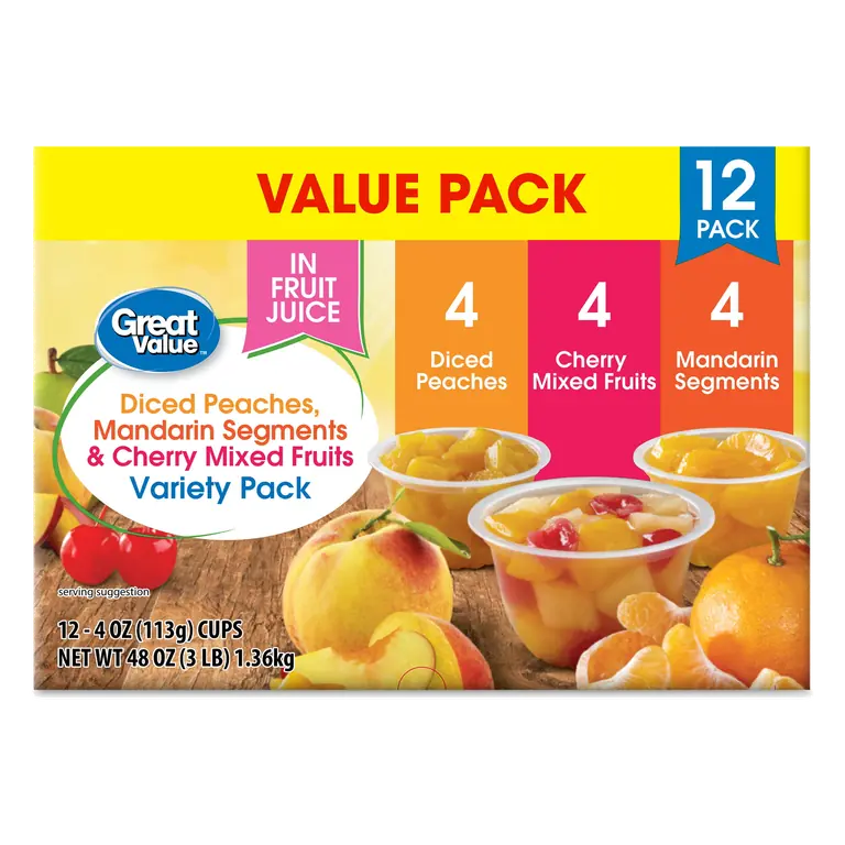 Great Value Diced Peaches, Mandarin Segments, & Cherry Mixed Fruits Variety Pack, 4 oz, 12 Pack