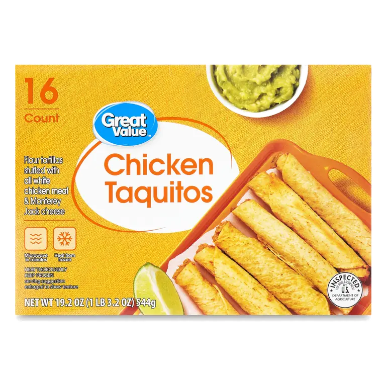 Great Value Flour Chicken Taquitos, 19.2 oz, 16 Count, Stuffed with White Chicken and Monterey Jack Cheese