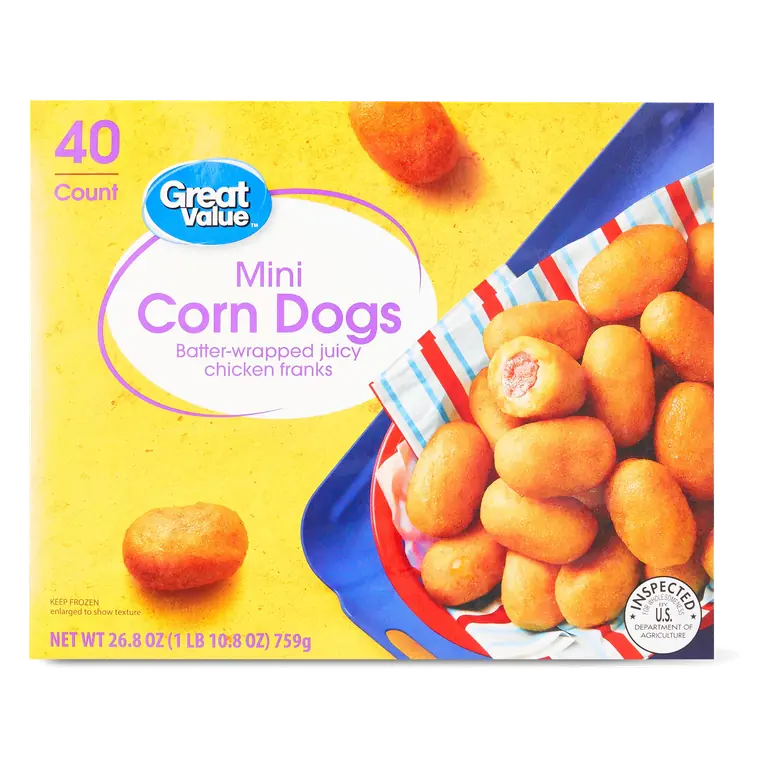 Great Value Frozen Mini Corn Dogs 26.8 oz 40 Count Batter-Wrapped Chicken Franks