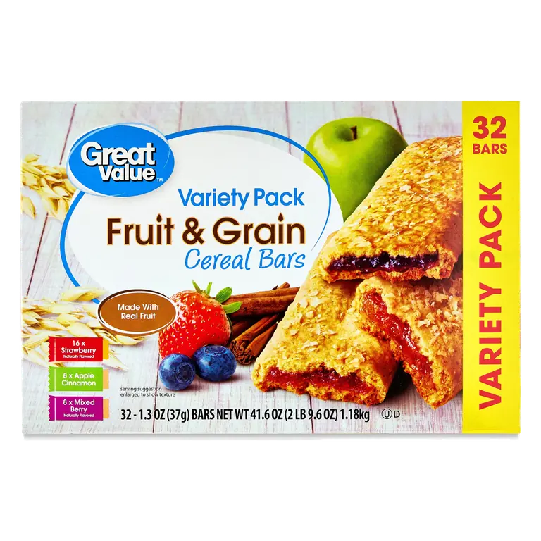 Great Value Fruit and Grain Cereal Bars Variety Pack 1.3 oz 32 Count with Real Fruit
