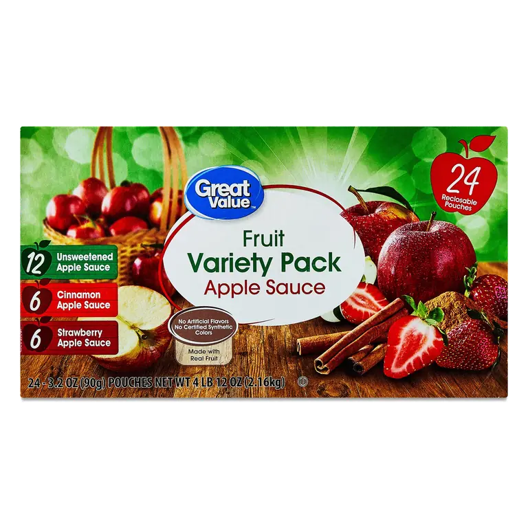 Great Value Fruit Variety Pack Applesauce, 3.2 oz, 24 Pouches