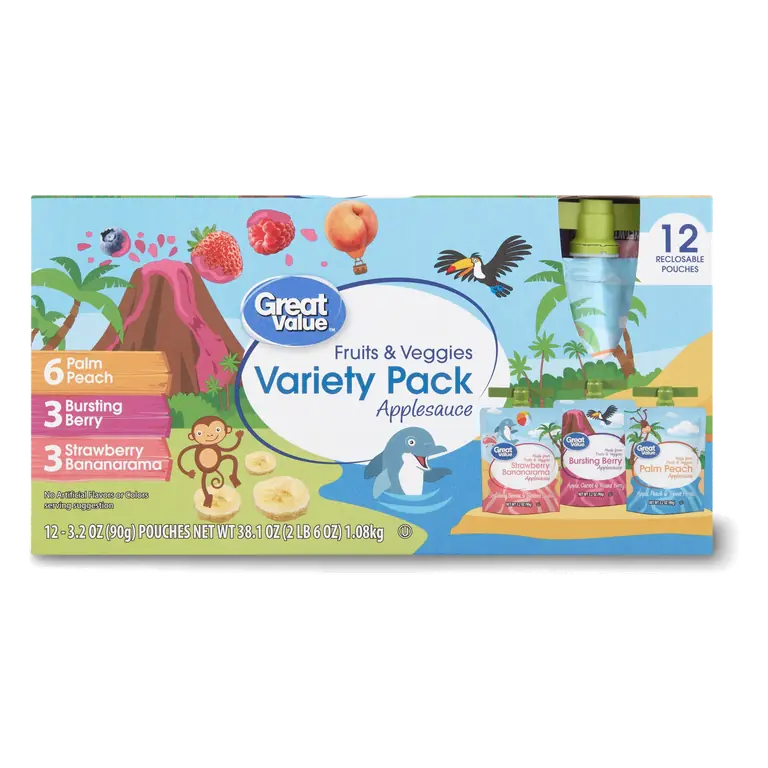 Great Value Fruits and Veggies Variety Pack Applesauce Pouches 3.2 oz 12 Pack Flavors Palm Peach Berry Strawberry Banana