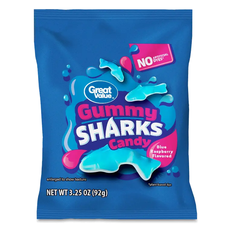 Great Value Gummy Sharks Candy 3.25 oz with Blue Raspberry Flavor Chewy Shark-Shaped Sweets