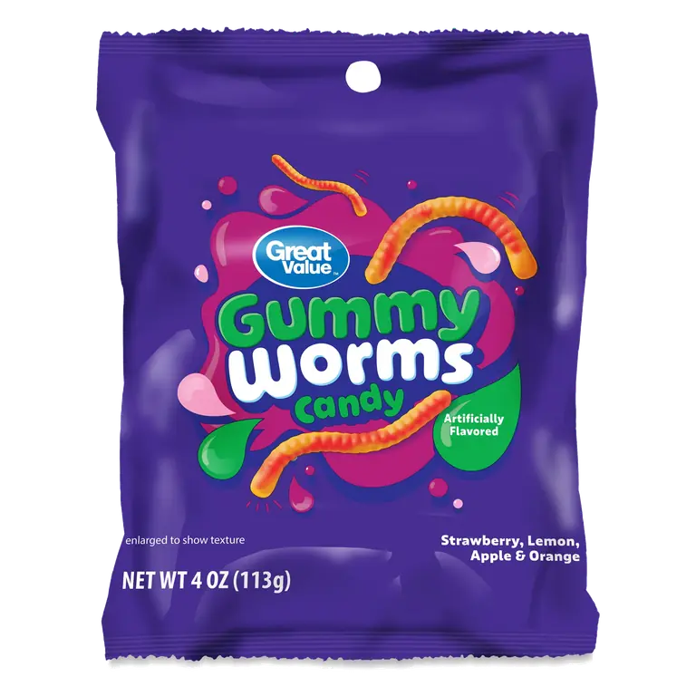 Great Value Gummy Worms Chewy Candy, 4 oz, Fruity Flavors, Snack