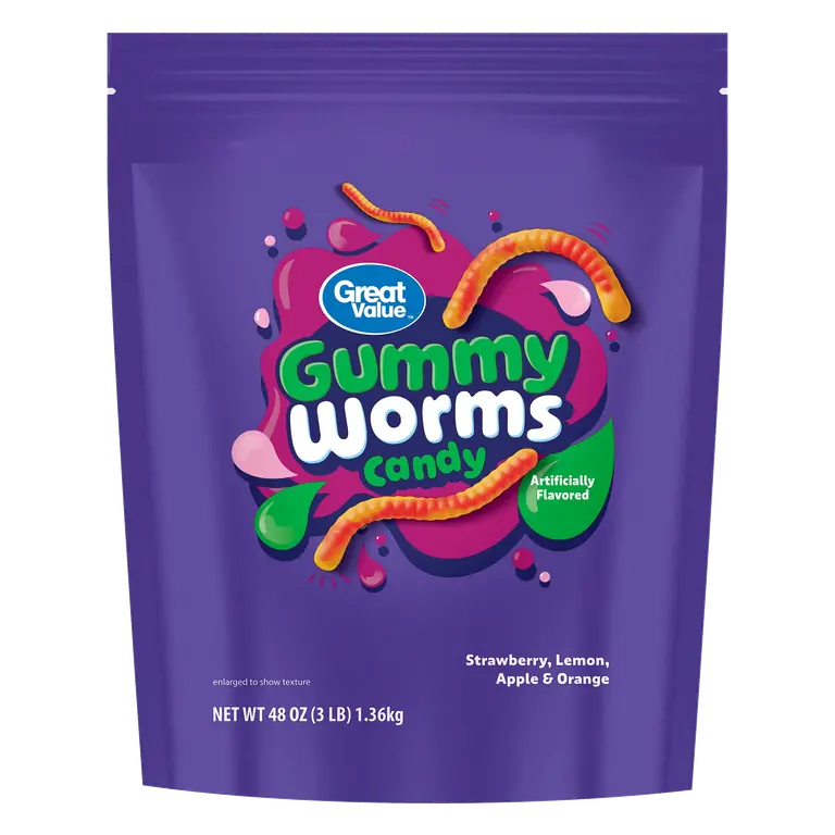 Great Value Gummy Worms Chewy Candy 48 oz Bag Delicious Chewy Treats