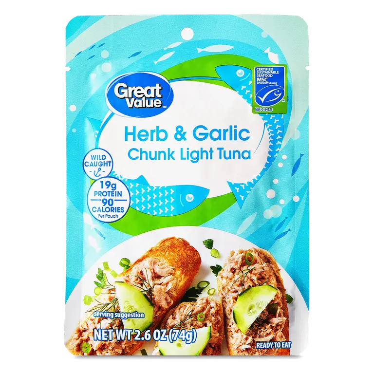 Great Value Herb and Garlic Chunk Light Tuna 2.6 oz Pouch Wild Caught with 19g Protein