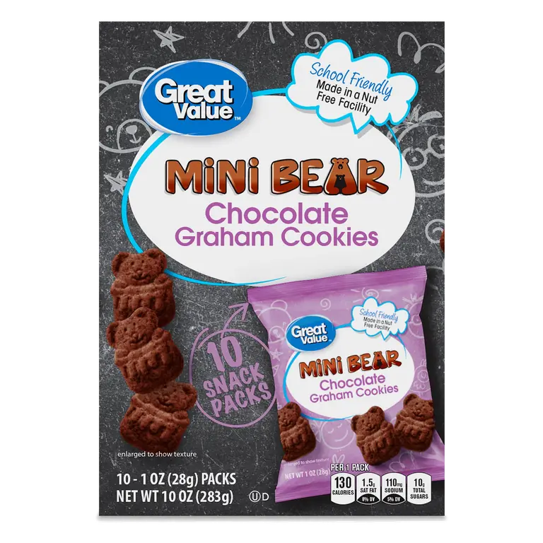 Great Value Mini Bear Chocolate Graham Cookies 1 oz, 10 Snack Packs, Shaped Like Bears, Individually Wrapped