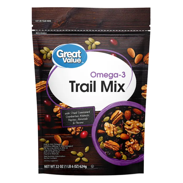 Great Value Omega-3 Trail Mix, Cranberries, Pepitas, Nuts, 22 oz Resealable Bag