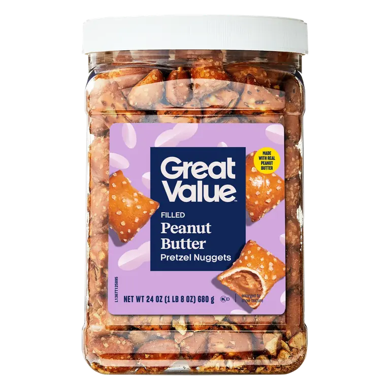 Great Value Peanut Butter Filled Pretzels 24 oz Resealable Container Crunchy Pretzels with Real Peanut Butter